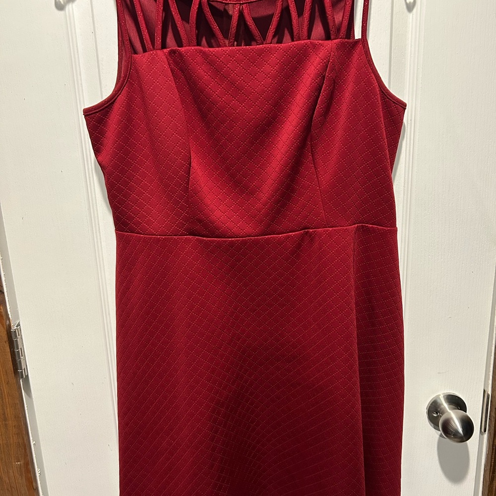 HeartSoul Strapless Burgundy Dress with Geometric Neckline